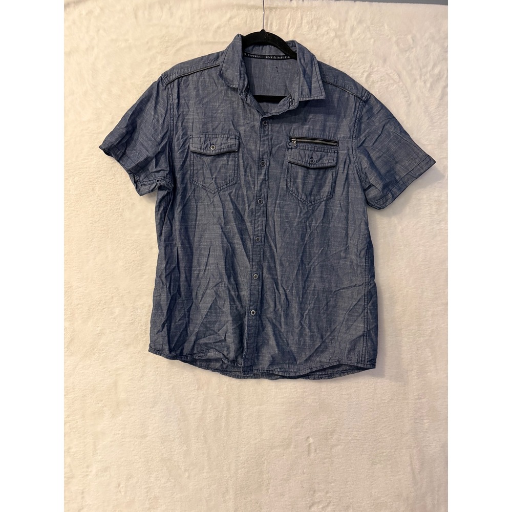 Rock & Republic Mens Large Blue Short Sleeve Button Down Shirt Chambray Cotton L